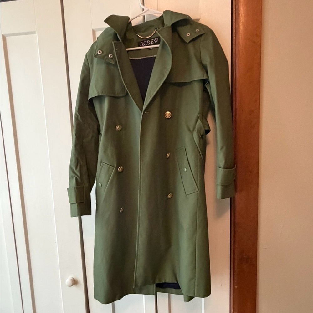 J. Crew New Icon Green Hooded Double-Breasted Trench Coat